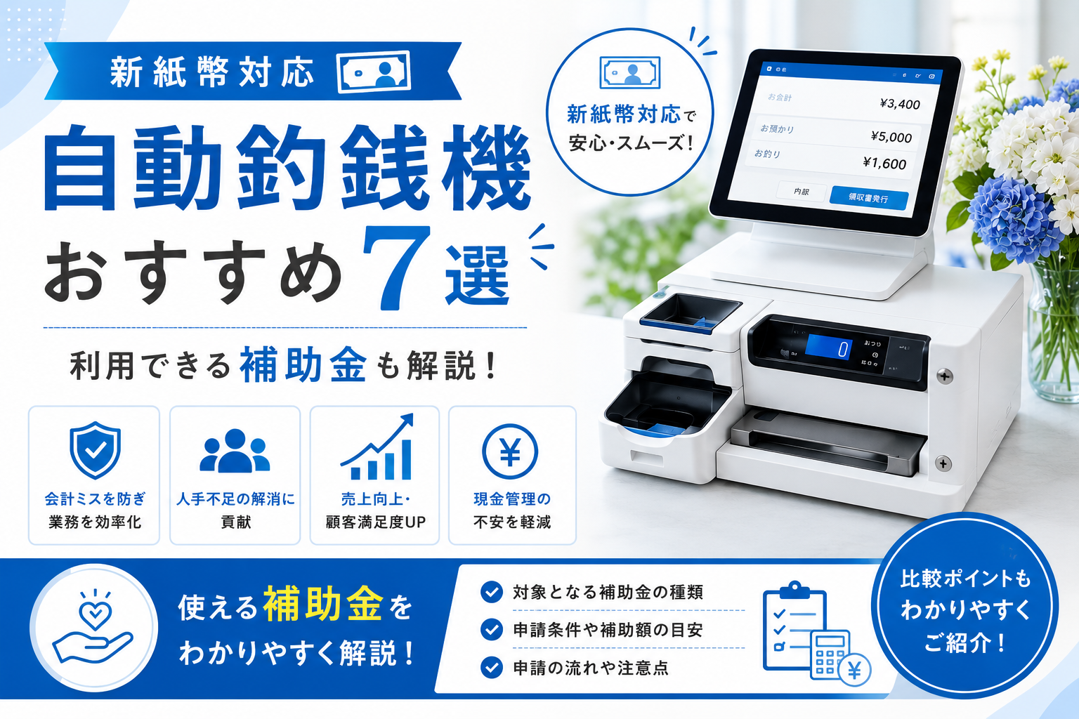 新紙幣対応の自動釣銭機おすすめ7選｜利用できる補助金も解説！